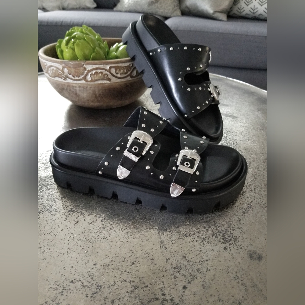 Zara Black Studded Leather Slide Sandals with Silver Buckles 38